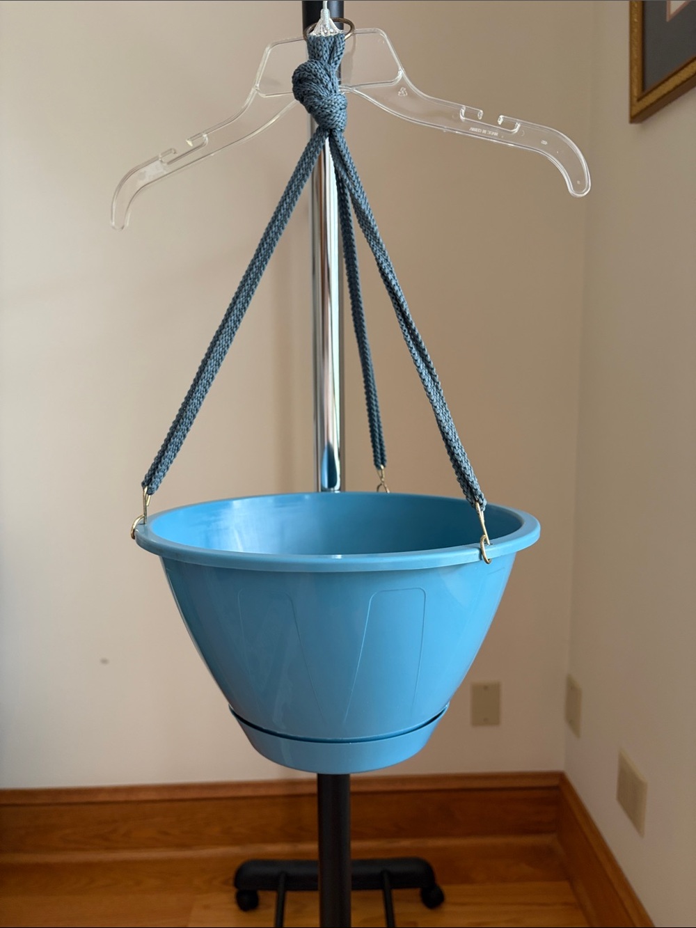 10” Blue Hanging Planter with Rope Hanger & Gold Tone Ring
